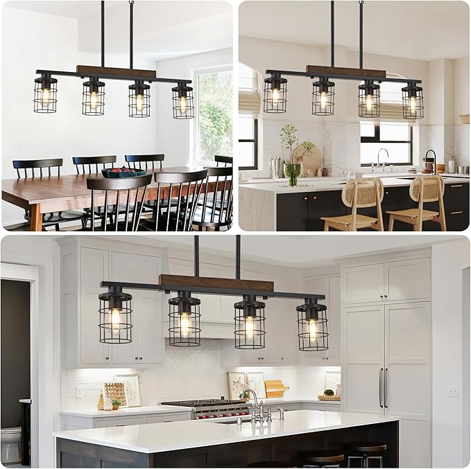 30" Farmhouse Kitchen Light Fixture, Black Hanging Kitchen Chandelier, 4-Light Rustic Dining Room Light Adjustable Height with Wood and Metal Frame, Suit for Farmhouse, Industrial Style