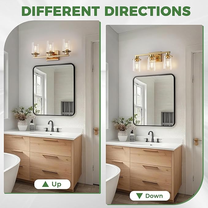 DORESshop 20 Inch Bathroom Light Fixtures, 3-Light Brass Bathroom Lighting Fixtures Over Mirror with Clear Glass Shade, Vanity Lights for Living Room Bedroom, ETL Listed