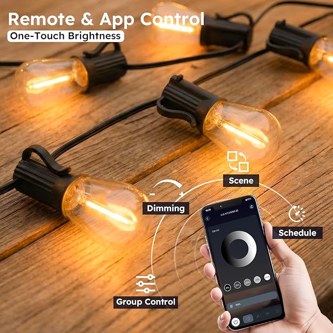 GvvooHome 100FT Outdoor String Light with S11 Plastic Bulbs, Low-Voltage LED Patio Light with App & Remote, Music Sync, 4 Lighting Modes, Dimmable & Waterproof for Backyard, Porch, Garden, Deck, Party
