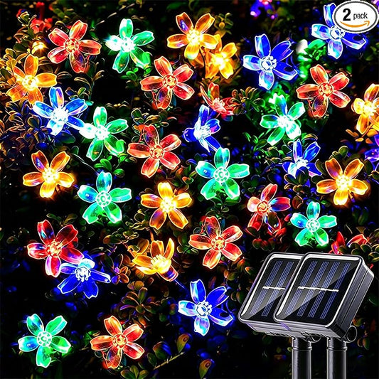 Solar String Flower Lights Outdoor 2 Pack 200 LED 80Ft Multi-Color Christmas Fairy Lights with 8 Lighting Modes, Waterproof Solar Lights Outdoor for Garden Christmas Wedding Xmas Tree Decoration
