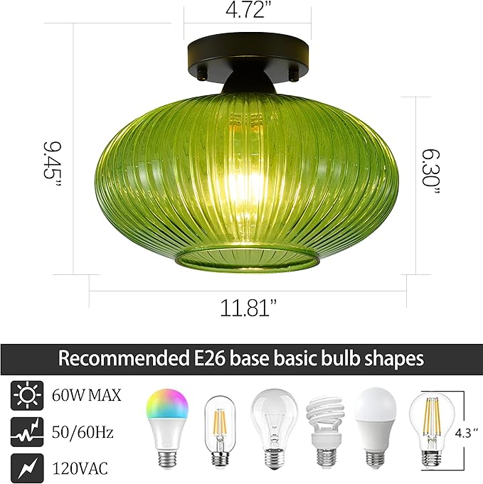 Green Vintage Glass Semi-Flush Ceiling Light - Mid Century Modern Art Deco Lighting Fixture for Hallway, Kitchen, Dining Room, Entryway, Foyer, Porch, Laundry Room