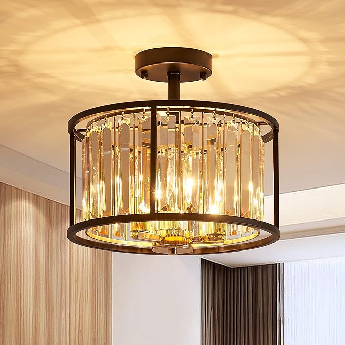 AGV LIGHTING CL005BB K9 Crystal Semi Flush Mount Ceiling Light Fixture, E12 Base 3-Lights, D13 x H15, Champagne Crystal Shade & Matte Black Finish Metal Frame