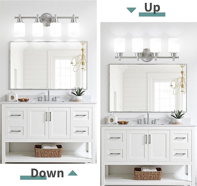 4-Light Bathroom Vanity Light, Brushed Nickel Vanity Light Fixture with White Frosted Glass Shades, Modern Anti-Rust Wall Sconce Over Mirror, Bathroom, Hallway (Bulbs Not Included, E26 Base)