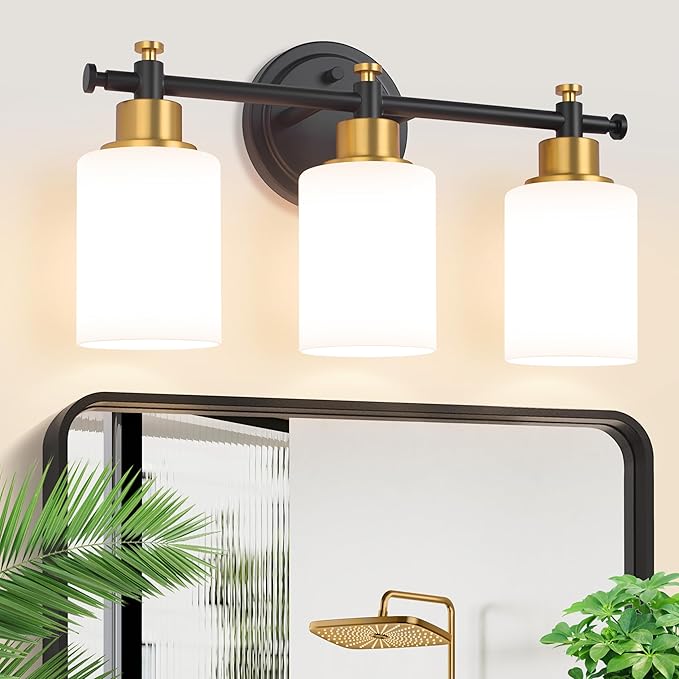 3-Light Bathroom Vanity Light, Black and Gold Vanity Lights for Bathroom with Milky White Glass Shade, Vanity Light Fixture Over Mirror, Modern Style, 16 Inch Compact, E26 Base