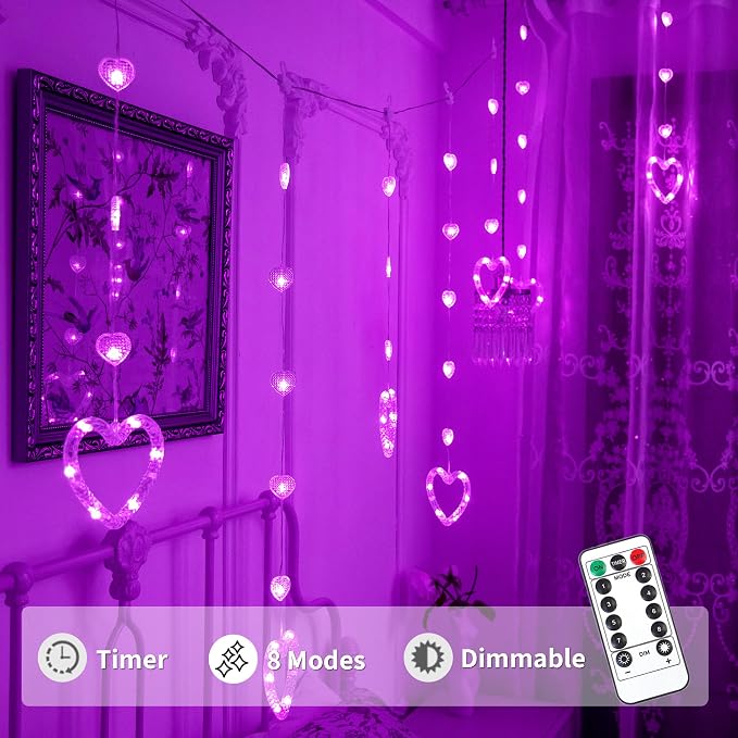 YOLIGHT Heart Curtain Lights, 9.8ft Valentine's Day Window Lights, USB Plug LED Hearts String Lights, Light up Heart Hanging Lights for Valentines Mother's Day Room Decoration (Purple)