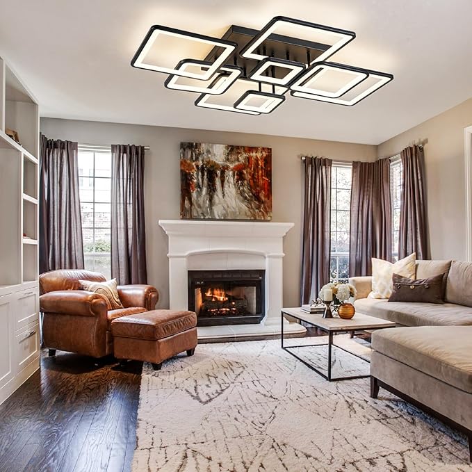Shine LUEST Modern LED Ceiling Light, Dimmable LED Chandelier Black Flush Mount Ceiling Lights, Remote Control Acrylic Ring Ceiling Lamp Fixture for Living Room Dining Room Bedroom, 8H-FANG-BL-04