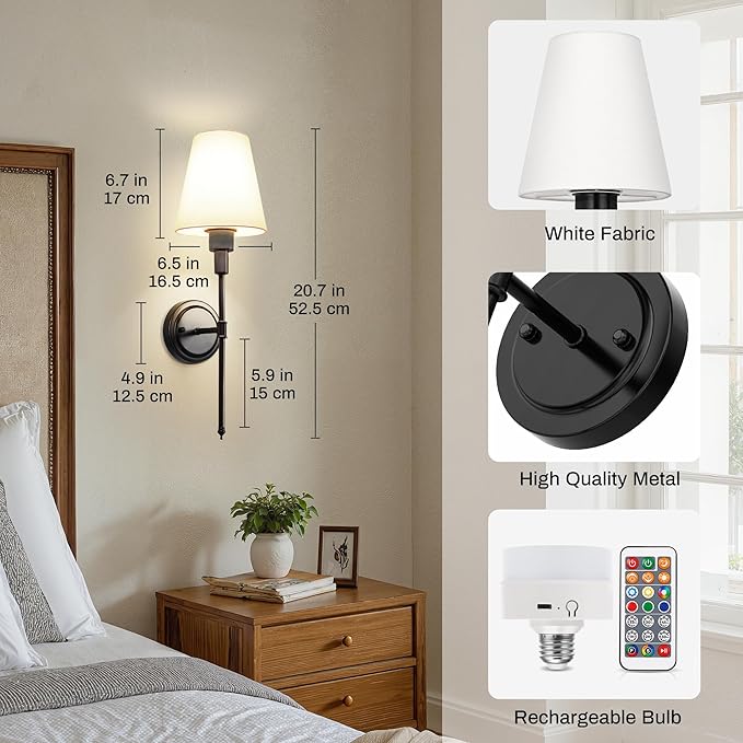 DORESshop Battery Operated Wall Sconce Set of 2, Wall Light Wireless Easy to Install, Dimmable and Adjustable Sconces Wall Decor, Rechargeable Wall Lamp for Bedroom, Living Room, Black 20.7in