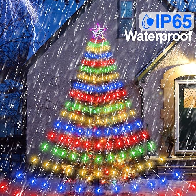 Christmas Star Waterfall Tree Lights - 23ft 11 Strand 818 LED Outdoor Decorations With 8 Modes Timer Remote - Plug-in Multicolor Lights for Indoor Yard Patio Home Holiday Party Decor
