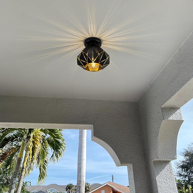 Modern Geometric Ceiling Light, Black Metal Diamond Cage Design, Semi-Flush Mount, Industrial Style, E26, Matte Black with Gold Inside