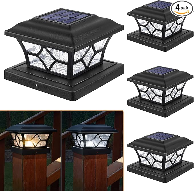 APONUO 4x4 Solar Post Cap Lights 4 Pack - 6x6 Post Cap Solar Light, 2-Mode, IP64 Waterproof, Post Lights Solar Powered for 4x4 5x5 6x6 Wood/Vinyl Posts, Black
