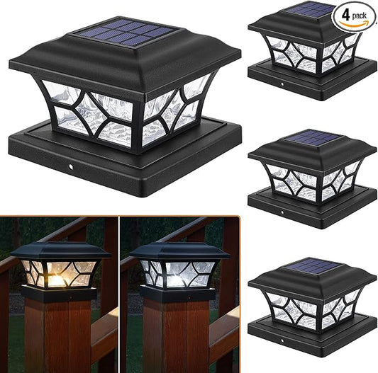APONUO 4x4 Solar Post Cap Lights 4 Pack - 6x6 Post Cap Solar Light, 2-Mode, IP64 Waterproof, Post Lights Solar Powered for 4x4 5x5 6x6 Wood/Vinyl Posts, Black