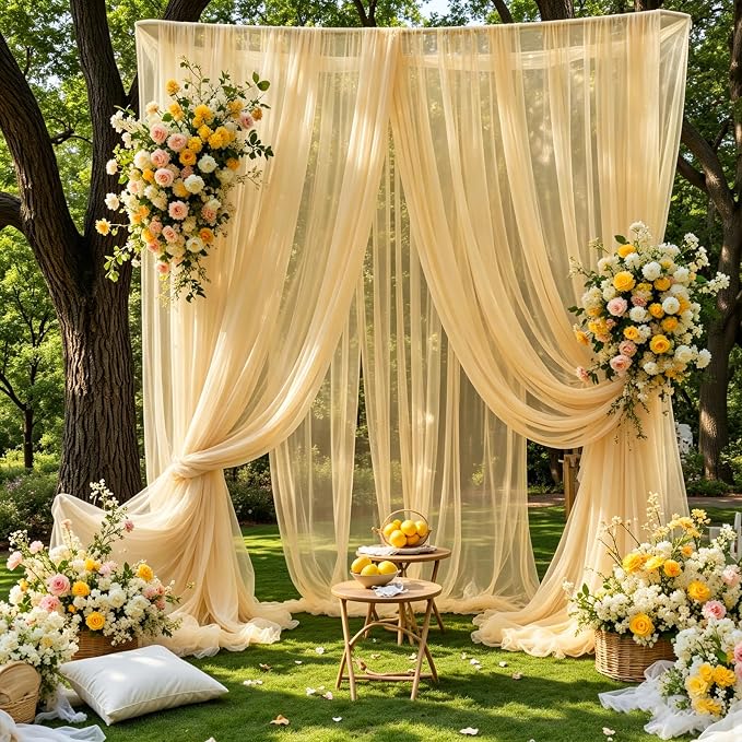 Champagne Tulle Backdrop Curtains with Lights String for Parties - 20×10Ft Sheer Backdrop Curtains with Lights for Wedding, Baby Shower, Birthday Party, Photo Shoot Background Decoration