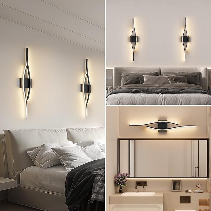 Modern LED Wall Sconce Set of Two with Remote Control, Stepless Colors 3000K-6000K & Dimming Black Wall Light with LED Wall Lamp for Bedroom Living Room Bathroom Hallway 39.4inch Length
