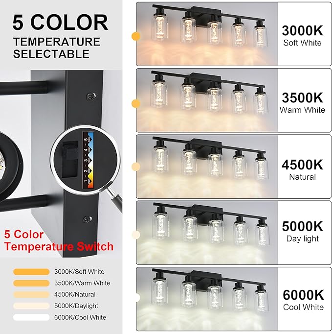 MELUCEE 4-Light LED Bathroom Lighting Fixtures Over Mirror, Dimmable LED Vanity Light for Bathroom 3000K-6000K Black Bath Wall Lights with Crystal Bubble Clear Glass Shade, Built-in LED Chips