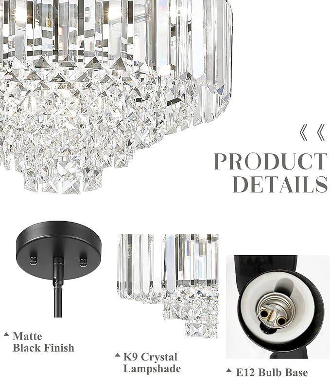 15'' Crystal Chandelier, 5-Tier Modern Chandelier with Matte Black Finish, Pendant Light for Dining Room Kitchen Island Bedroom Entryway, CC4215-5W-BK