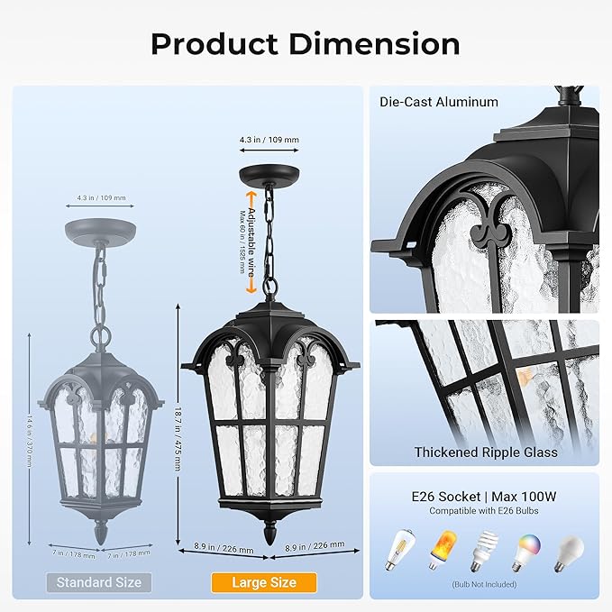VIANIS 18.7'' Large Outdoor Pendant Lights, Black Hanging Porch Light Fixture, Aluminum Outside Ceiling Lighting for House, Porch, Doorway, Vintage Style, Waterproof and Anti-Rust, 1-Pack