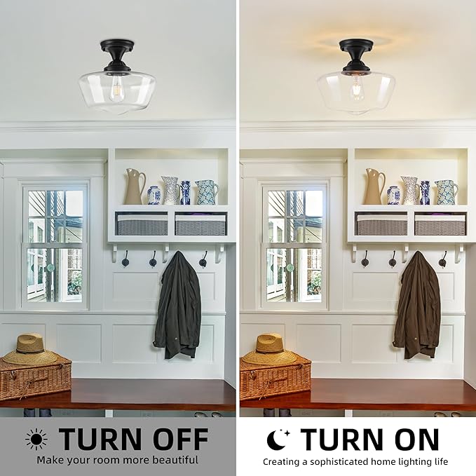 Black Schoolhouse Light Fixture 12" Mid Century Light Fixture Schoolhouse Light Fixtures Ceiling Clear Glass Semi Flush Mount Ceiling Lights for Bedroom Bathroom Kitchen(Bulb Incl.)