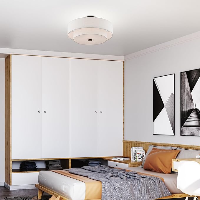 Livex Lighting 51085-92 4-Light Semi Flush Mount Ceiling Fixture with Oatmeal Color Fabric Hardback Drum Shade and Satin White Diffuser, English Bronze
