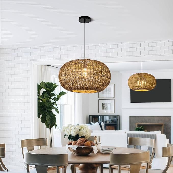 19.7in Rattan Light Coastal Pendant Lights Brown Wicker Hanging Ceiling Chandelier Lighting Fixture for Dining Room Restaurant Kitchen Island Living Room Hallway Yard Bedroom 1-Light
