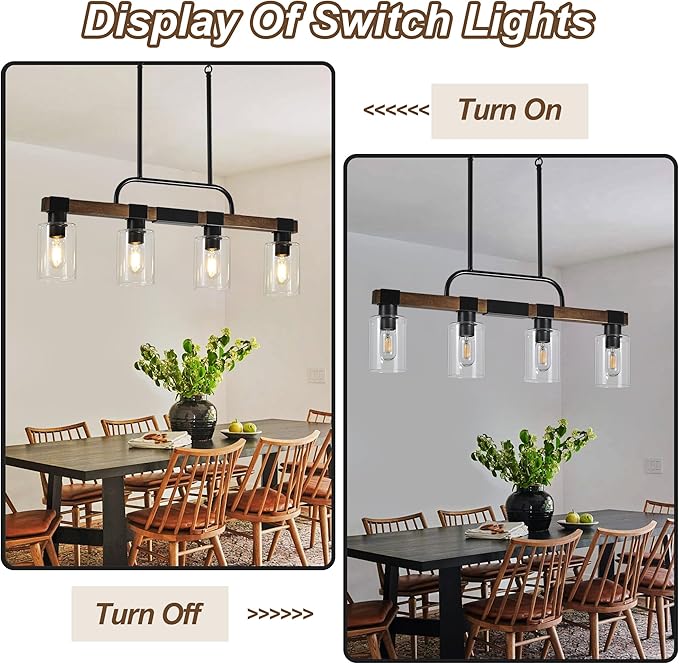 Farmhouse Dining Room Light Fixtures Over Table，Rustic Ceiling Pendant Lights Kitchen Island，4-Light Wood Kitchen Island Lighting Linear Chandelier with Clear Glass lampshade