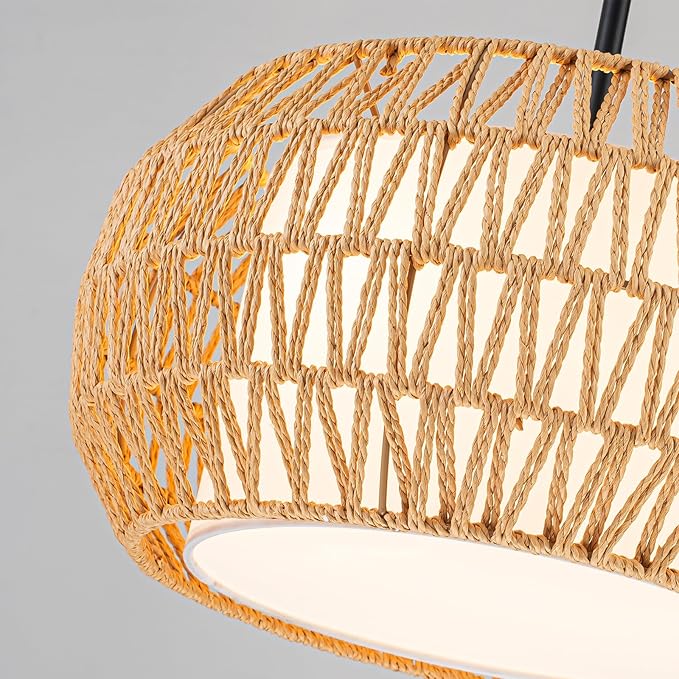 4-Light Farmhouse Rattan Chandelier,15.7'' Boho Hand Woven Drum Pendant Light Fixtures with Fabric Shade,Coastal Rattan Hanging Ceiling Lights for Kitchen Island,Dining Room,Living Room,Entryway,Foyer