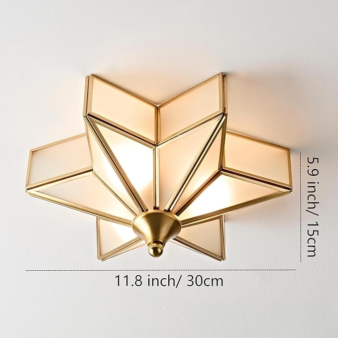 LIGHTLAND 11.8 Inch Flush Mount Star Ceiling Light, 3 Lights Brass Ceiling Lamp with Glass Lampshade, Art Deco Close to Ceiling Light Fixtures for Entryway Hallway Porch, Gold