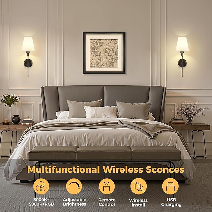 DORESshop Battery Operated Wall Sconce Set of 2, Wall Light Wireless Easy to Install, Dimmable and Adjustable Sconces Wall Decor, Rechargeable Wall Lamp for Bedroom, Living Room, Black 20.7in