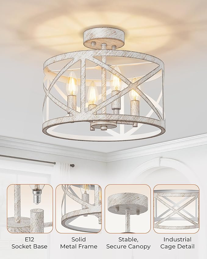 Semi Flush Mount Ceiling Light Fixture, Farmhouse Modern 4-Light Chandelier with X-Shape Cage, Industrial Rustic Ceiling Lamp for Kitchen, Entryway, Dining Room, Bedroom, Hallway, Laundry Room, White