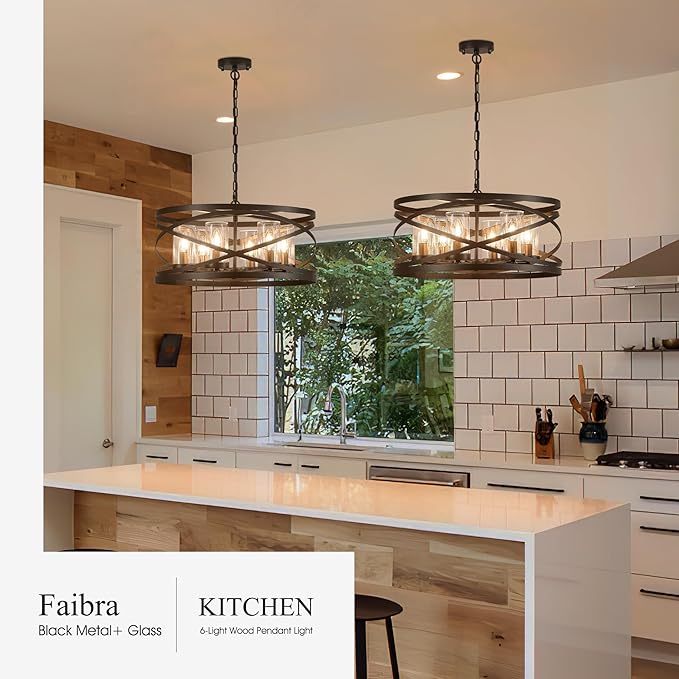 6-Light Farmhouse Drum Pendant Light,21.65'' Nature Wood Texture Vintage Rustic Chandeliers Black Metal Industrial Glass Shade Hanging Light Fixtures for Entryway, Bedroom Dining Room