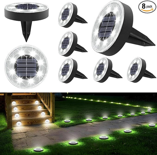 Joomer 2-in-1 Solar Lights Outdoor Waterproof Solar Powered Ground Lights | 8 Pack 8 LED Solar Garden Lights Disc Landscape Lighting for Patio Pathway Lawn Yard Driveway Walkway (White)
