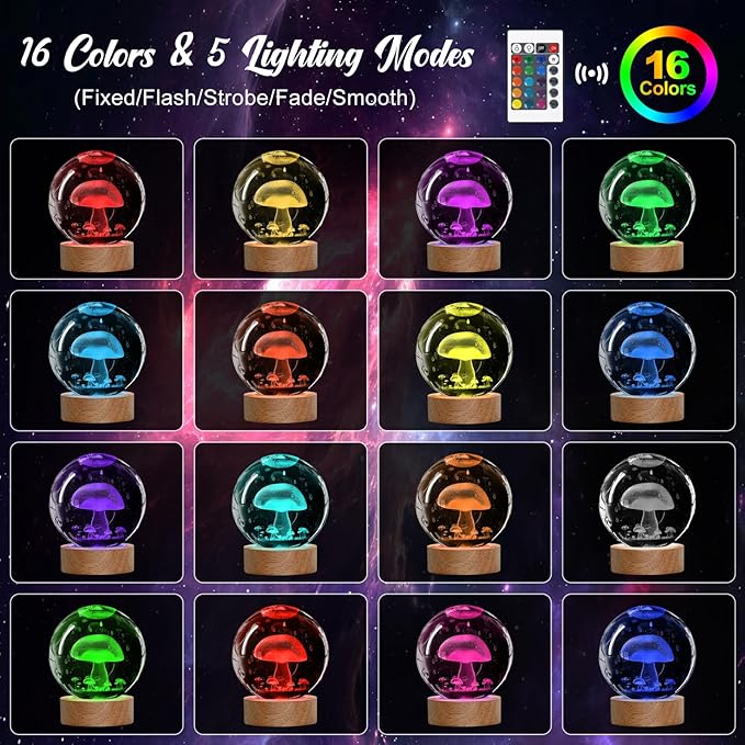 Mushroom Night Light, 3D Crystal Ball Lamp with 16 LED Color Changing & Remote, 3.15 Inch Unique Desk Decor, Gift for Women/Men/Kids, Birthday Christmas Home Room Decoration, Mushroom Lamp