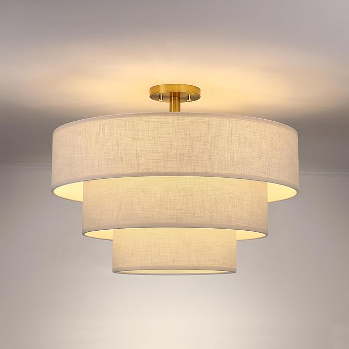3 Tier 24" White Cream Drum Fabric Semi Flush Mount Light Modern Farmhouse Decor 7 Light Gold Finish for Kitchen Living Room Dining Room Corridor Hallway