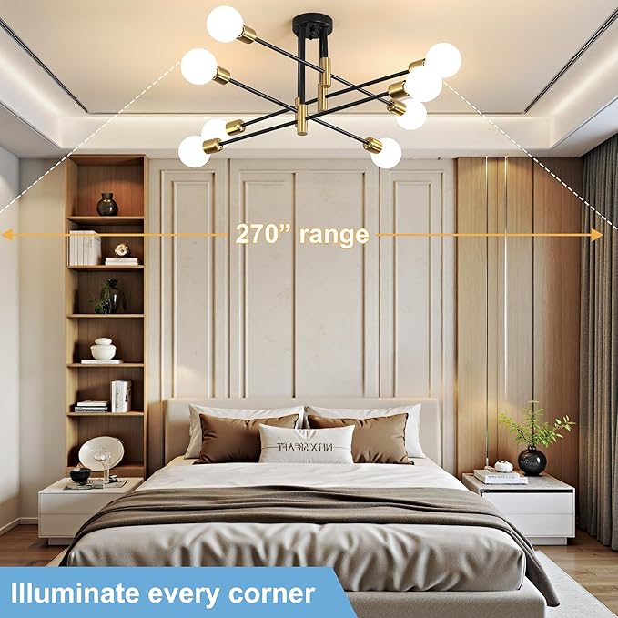 Sputnik Chandelier Mid Century Modern Nordic Pendant Lighting 8 Lights Ceiling Light Fixture Black Light for Living Room, Kitchen, Bedroom, Dining Room