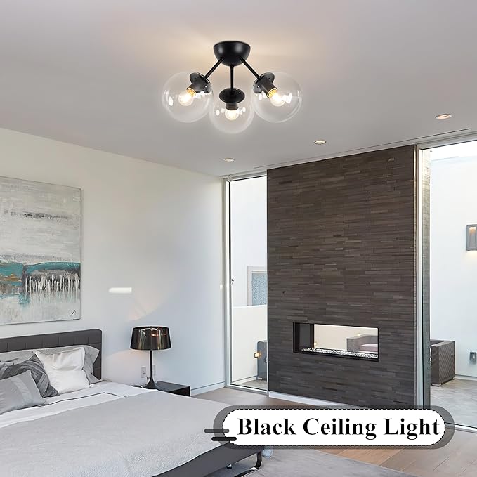 Mid-Century Modern Semi Flush Mount Ceiling Light 3 Lights Clear Glass Modern Globe Ceiling Light Matte Black Sputnik Chandeliers for Hallway Entryway Kitchen Bedroom Laundry(Bulb Incl.)