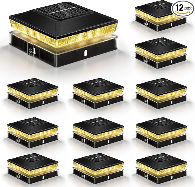 Solar Post Cap Lights 12 Pack, IP65 Waterproof Outdoor Fence Post Solar Lights for 3.5x3.5 & 4x4 Wood/Vinyl Posts, 10-12 Hours Upgraded Warm/Cool White Glow for Garden/Patio/Porch - Black