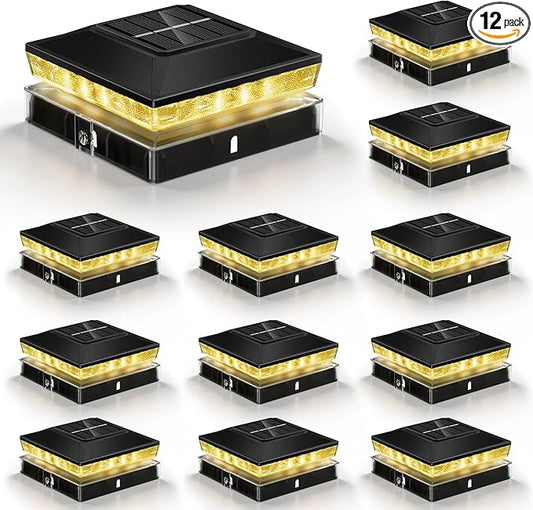 Solar Post Cap Lights 12 Pack, IP65 Waterproof Outdoor Fence Post Solar Lights for 3.5x3.5 & 4x4 Wood/Vinyl Posts, 10-12 Hours Upgraded Warm/Cool White Glow for Garden/Patio/Porch - Black