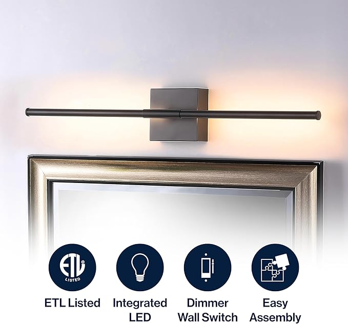 JONATHAN Y 28" Black Modern Dimmable Integrated LED Wall Sconce, Metal Vanity Light for Bathroom Mirror Bedroom Hallway, Sleek Hardwired Wall Lamp Fixture, 3000K (JYL7022C)