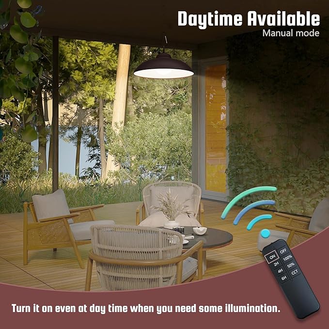 Solar Pendant Lights, Outdoor Indoor 300 Lumen Solar LED Shed Light, with Remote Control: 3 CCT Options, 2 Brightness, Timing Settings, Single Pack, Rubbed Bronze Finish