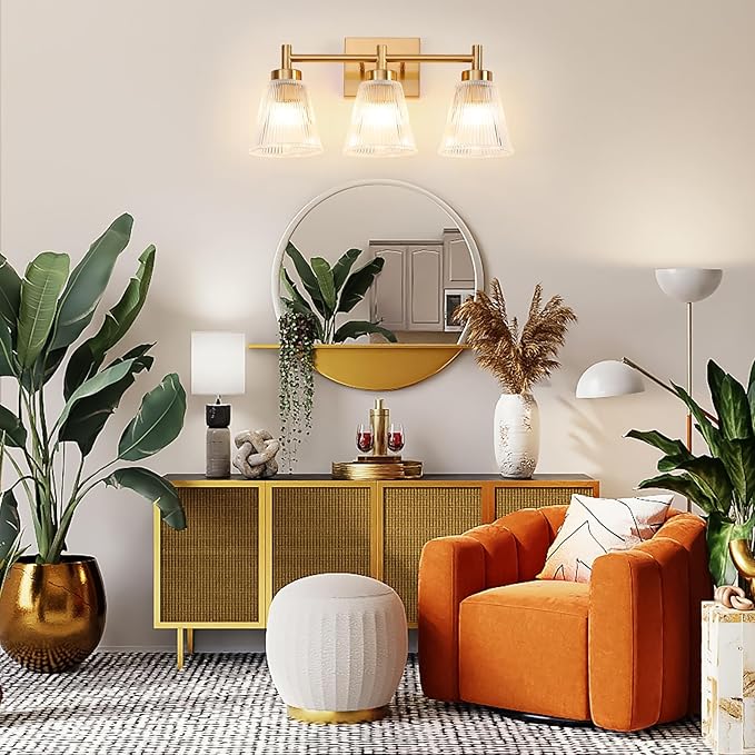 OCIOC 3-Light Bathroom Vanity Light, Modern Gold Wall Light Fixture With Stripe Glass, Farmhouse Bathroom Wall Sconces for Mirror, Kitchen, Bedroom, Living Room, Hallwa