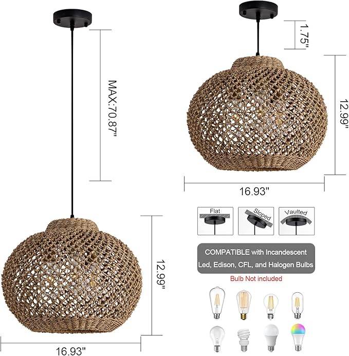 Farmhouse Rattan Chandelier 17” Boho Natural Seagrass Hanging Pendant Lights 3-Lights Hand-Woven Wicker Dining Room Light Fixture for Kitchen Island Entry Living Room Bedroom Hallway