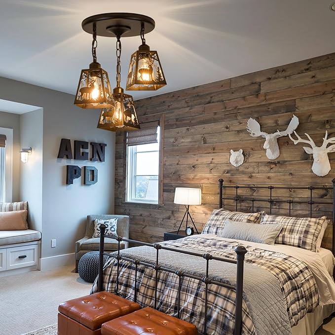 Farmhouse Rustic Ceiling Light Fixture,Black Metal Cage Pendant Lights Kitchen Island with Deer,Industrial Hanging Pendant Lighting for Dining Room Bedroom Entryway Hallway Foyer