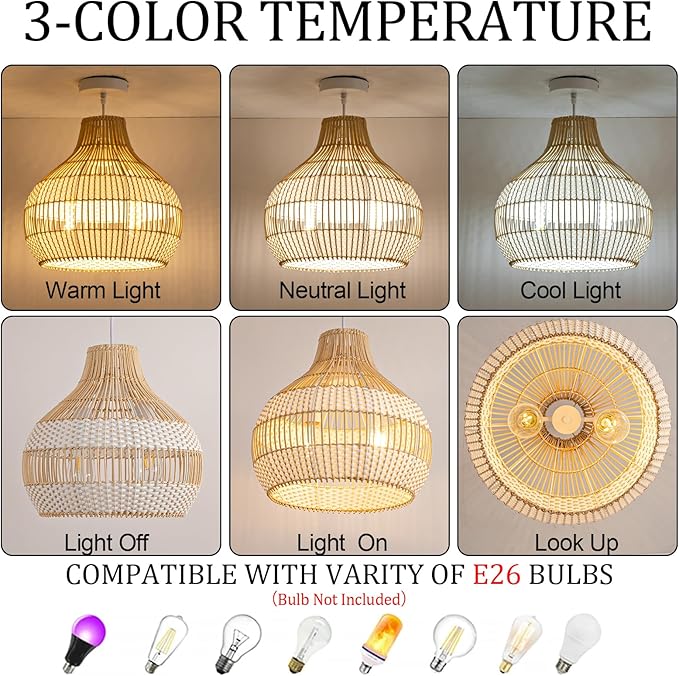 14.56" Rattan Pendant Light Fixture,2-Light Hand-Woven White Wicker Basket Chandelier 1-Pack Boho Faux Rattan Hanging Lamp,for Dining Living Bedroom Kitchen
