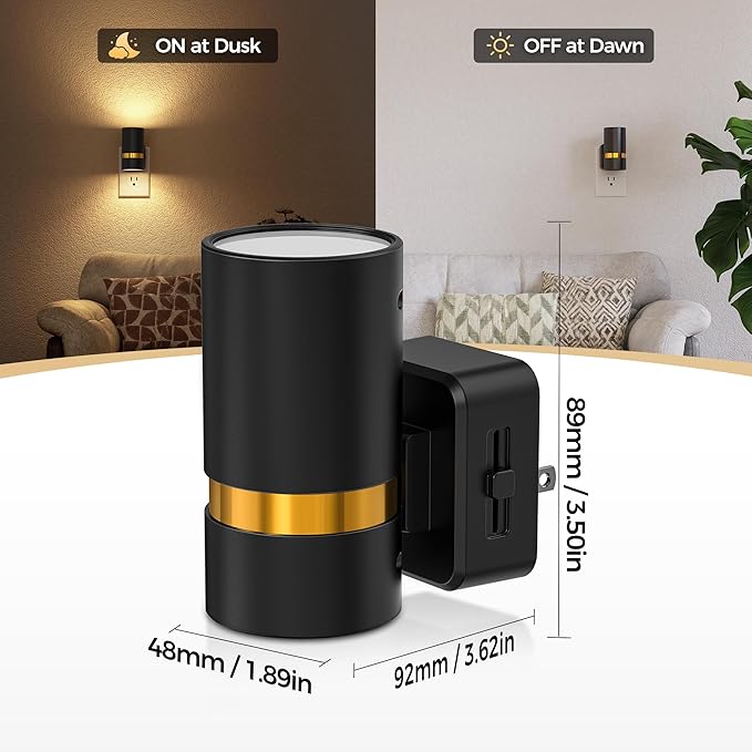 DORESshop LED Night Lights Plug into Wall, 2 Pack, Black Cylinder Wall Sconce Dimmable Night Light Plug in, Slide Brightness Adjustable with Dusk to Dawn Sensor, 3000K Warm White for Bedroom, Hallway
