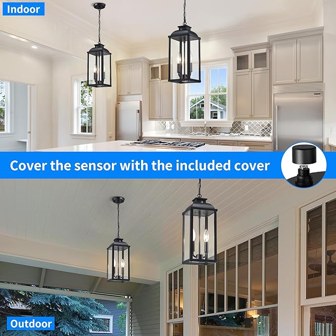 Large Outdoor Pendant Light 2-Light, 15.8" Dusk to Dawn Exterior Hanging Lights Fixture with Clear Glass, Modern Black Outdoor Chandelier for Gazebo Porch Patio Front Door