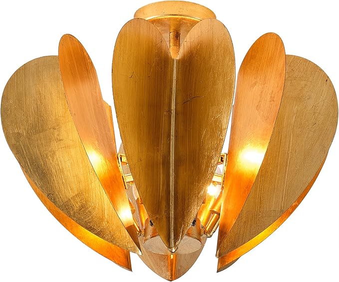 Parrot Uncle Chandeliers for Dining Room, Gold Flush Mount Ceiling Light, Low Profile Rustic Leaf Heart Pendant Ceiling Light Fixture for Bedroom, Entryway, Hallway, W19.3 xH15.1