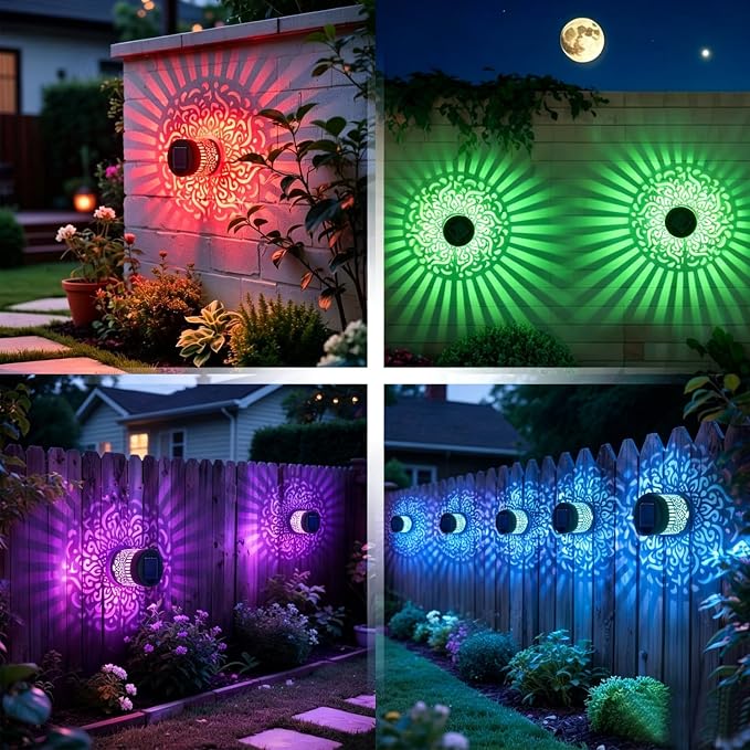 2 Pack Solar Fence Lights Mandala, Seven-Color Changing Solar Wall Mandala Lights Outdoor, Waterproof Metal Deck Step Lights for Garden Patio Post Backyard Yard Table