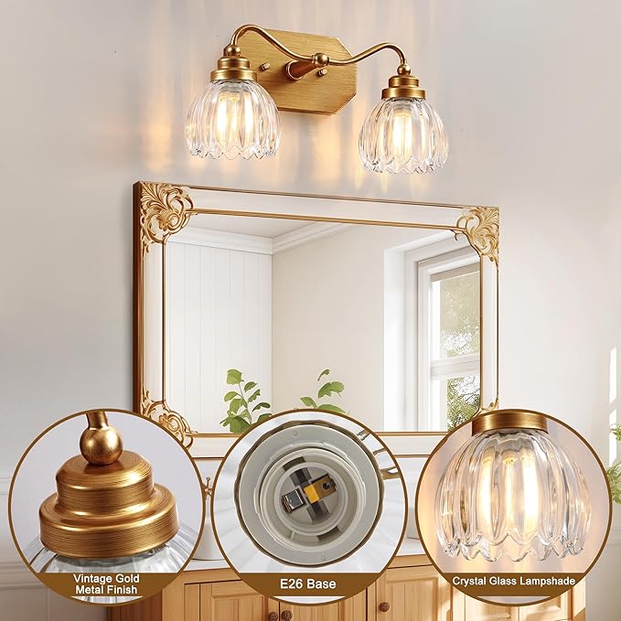 Vintage Bathroom Light Fixtures, 2 Light Gold Bathroom Vanity Light, Matte Antique Brass Finish with Crystal Glass Shade, Wall Sconces Lighting for Bedroom, Living Room, Hallway