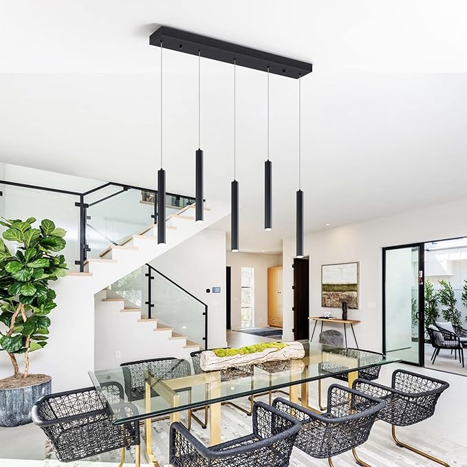 Modern Pendant 5 Light with Adjustable Height - Acrylic Shades & Matte Black Finish Pendant Light, 3000-6000K Dimmable Kitchen Pendant Lighting for Kitchen Island, Dining Room, Bar Counter