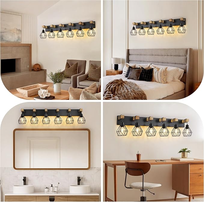 Farmhouse Vanity Light for Bathroom, 6-Light Wood Bathroom Vanity Light Fixtures Over Mirror, Rustic Sconces Wall Lighting with Metal Lampshade for Living Room, Bedroom, Hallway