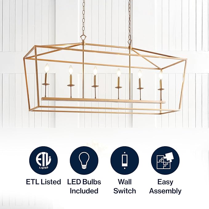 JONATHAN Y 49" Antique Gold Lantern Pendant Light, 6-Light Pagoda Style Metal Cage Farmhouse Hanging Ceiling Fixture for Kitchen Island, LED Bulb Included (JYL7439B)